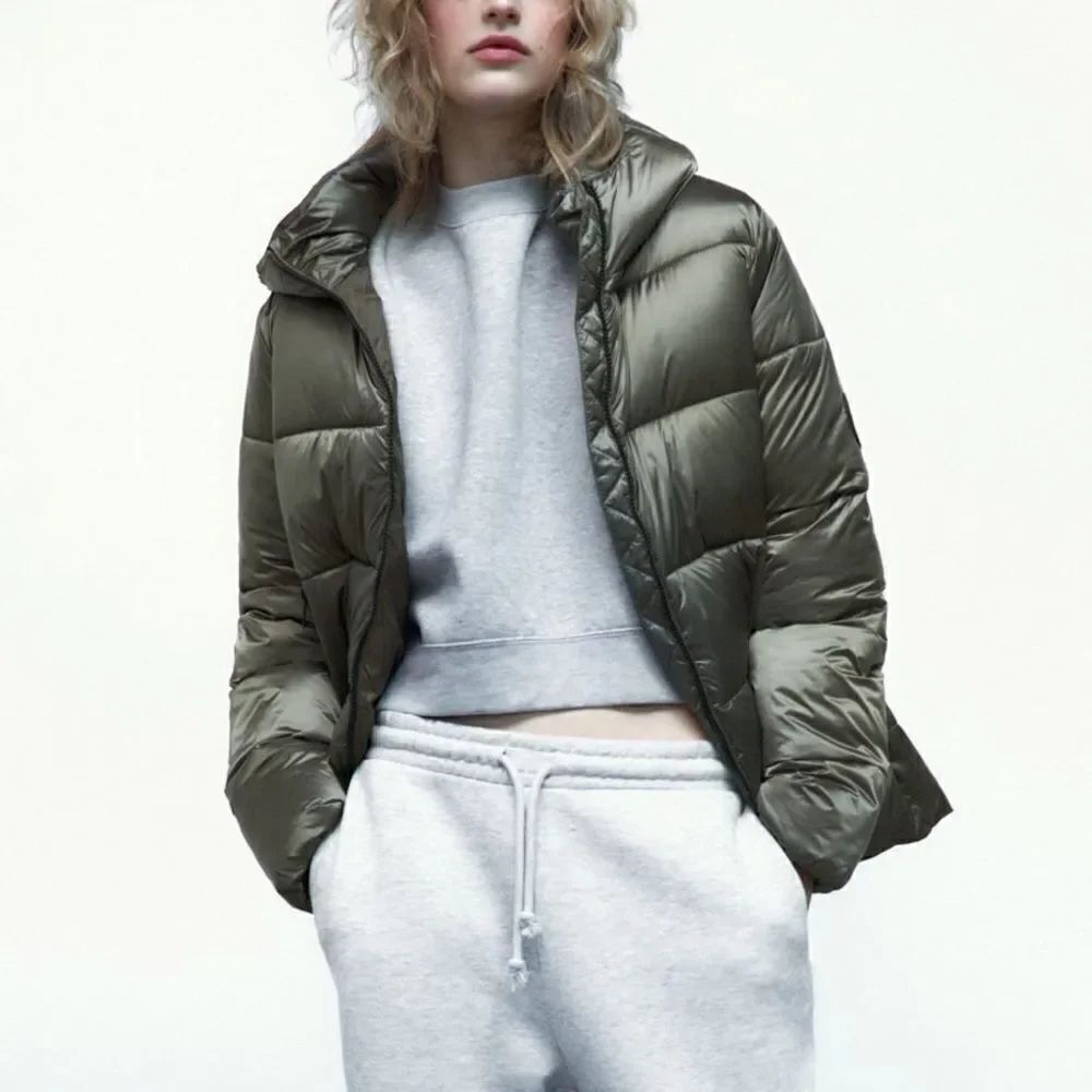 Zara Hooded Pocketed Lightweight Puffer Jacket Taupe Grey Large NWT